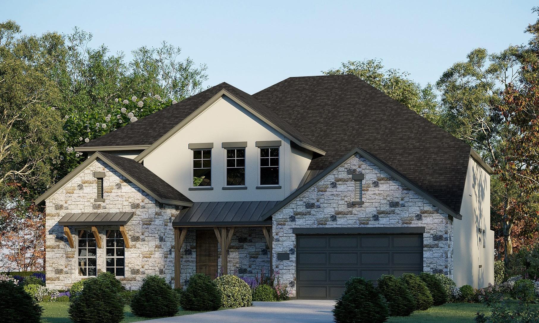 A striking stone and stucco facade frames this ti