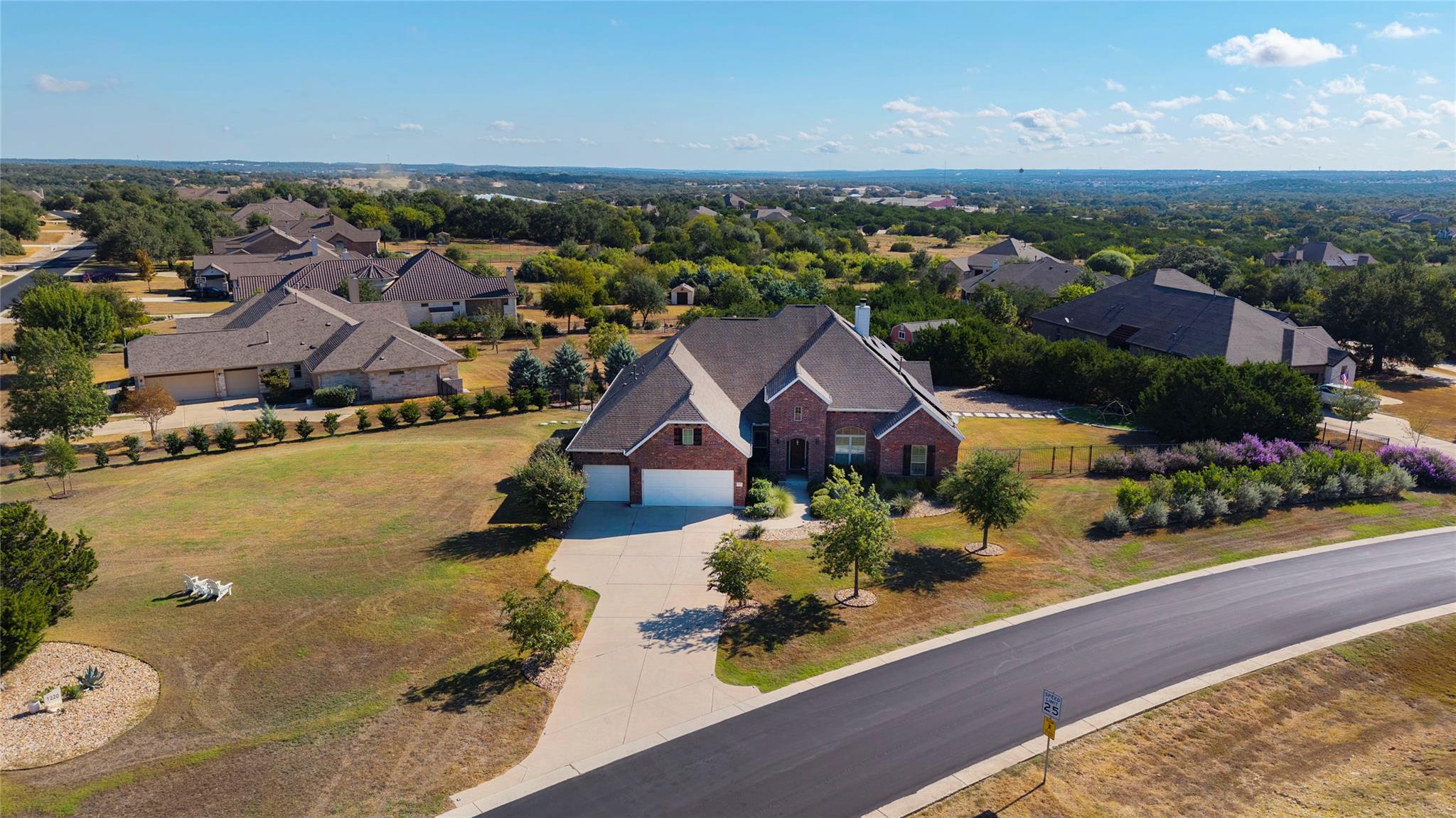 An aerial perspective showcases a grand brick est