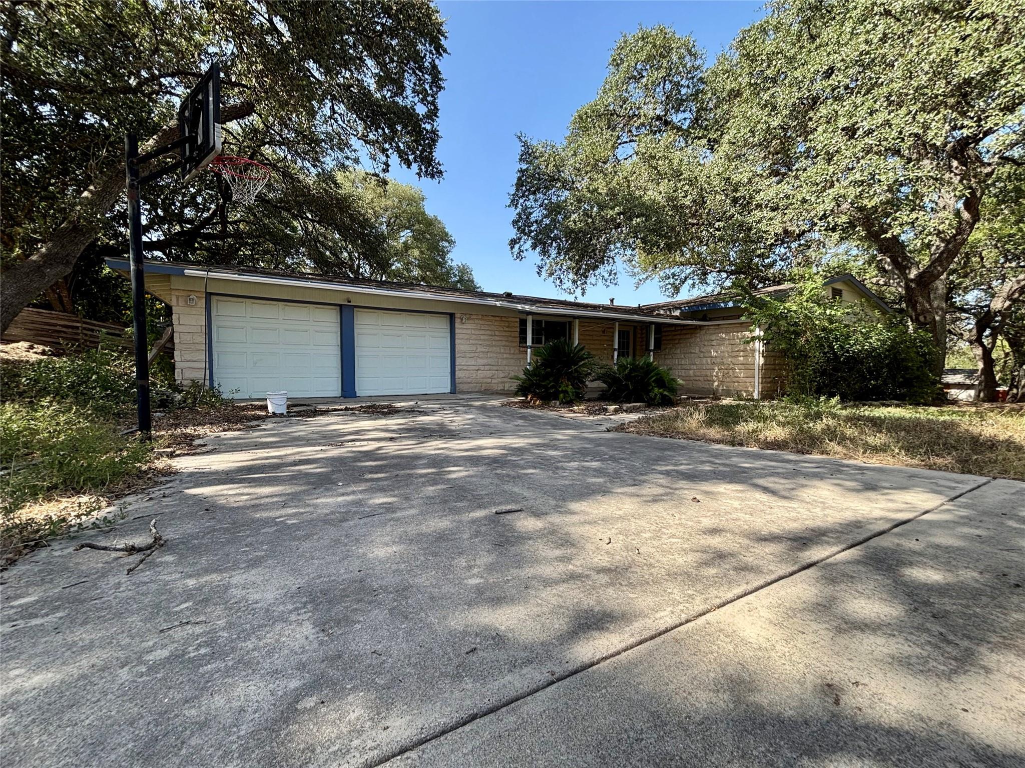 Mature trees shade a concrete driveway leading to