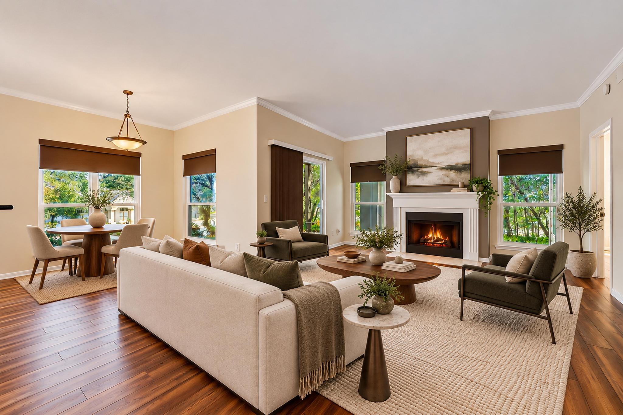 Rich wood floors lay a warm foundation for this o