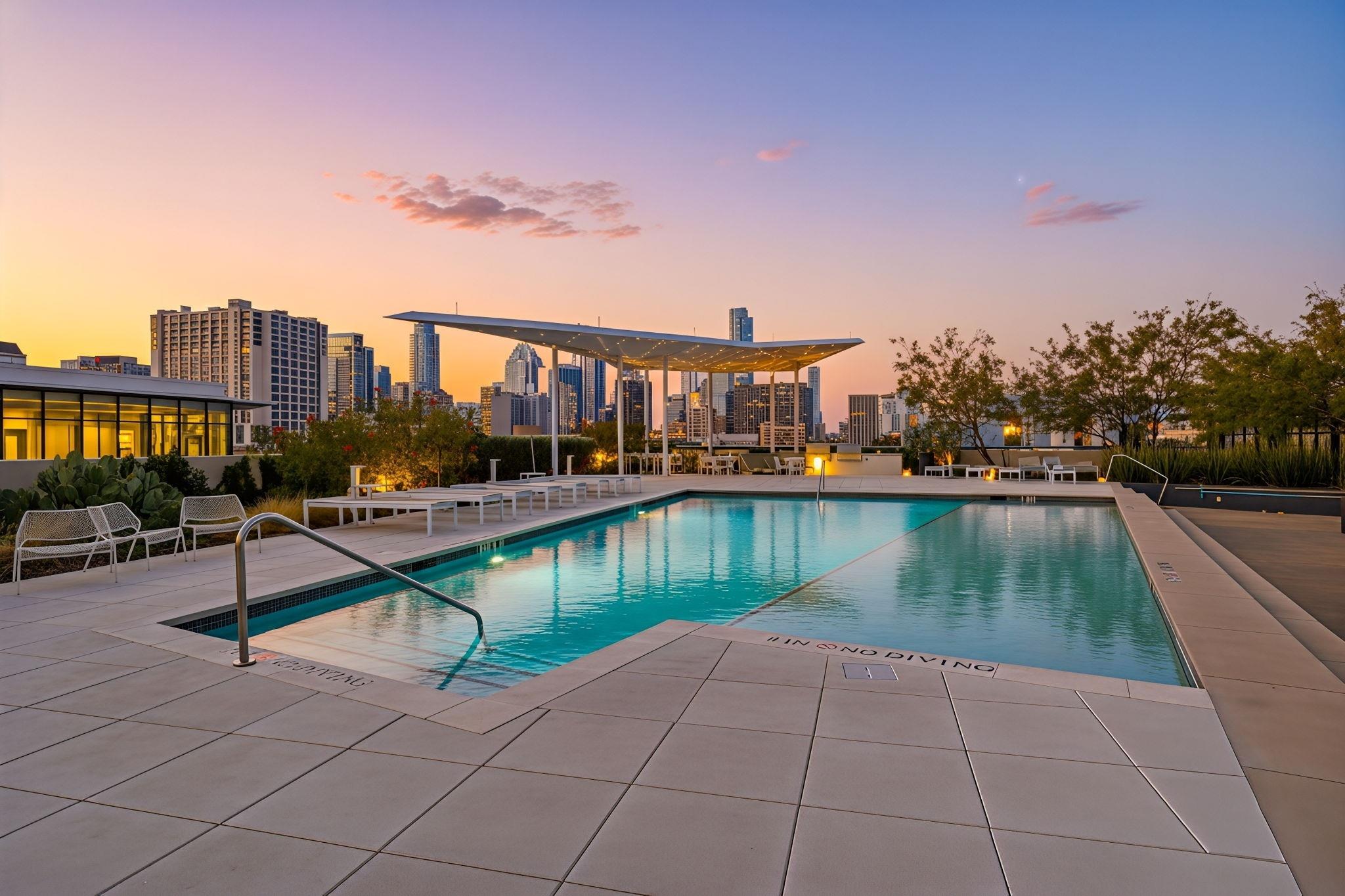 An inviting rooftop pool terrace overlooks a pano