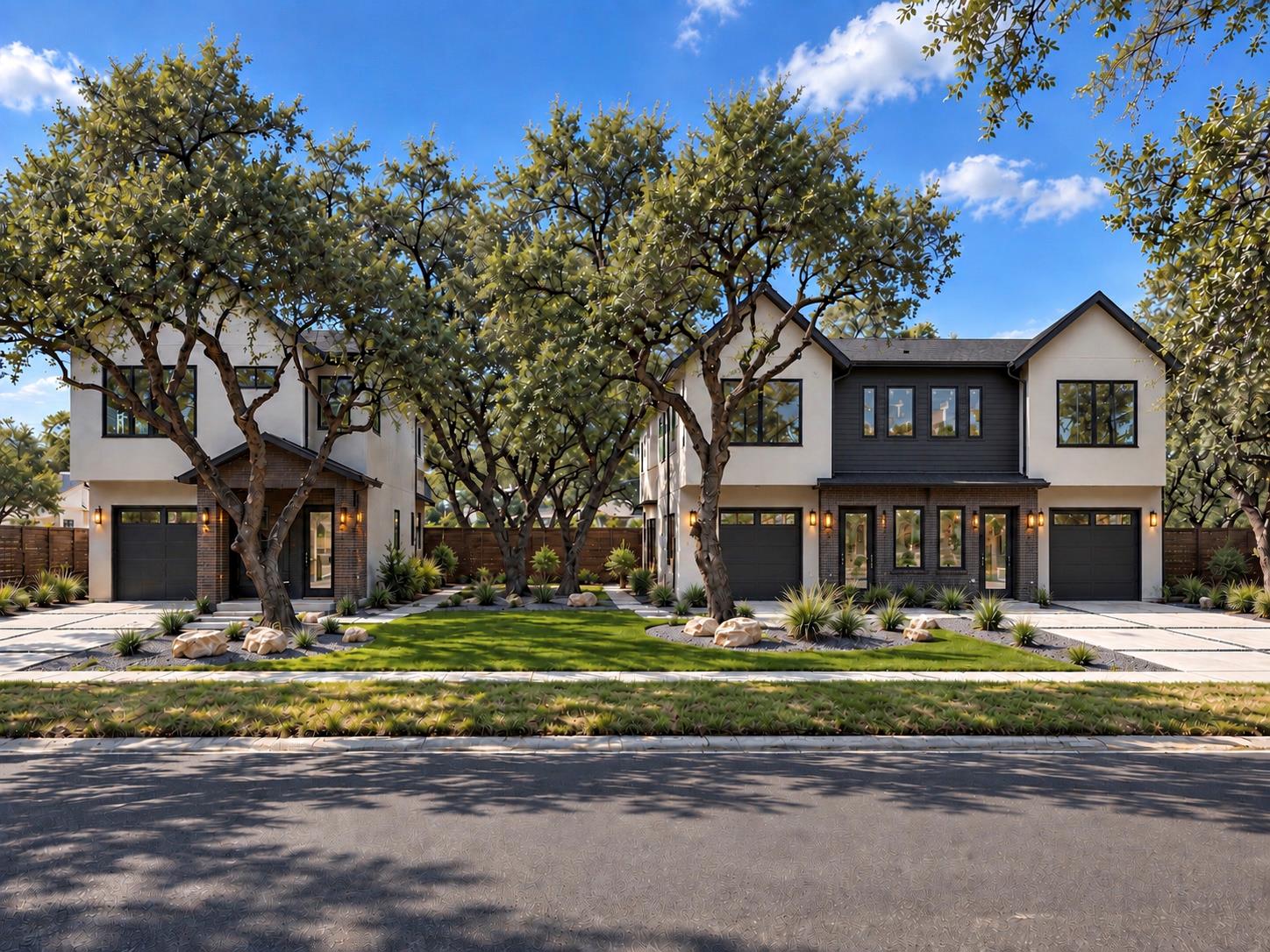 Mature trees frame the striking modern architectu