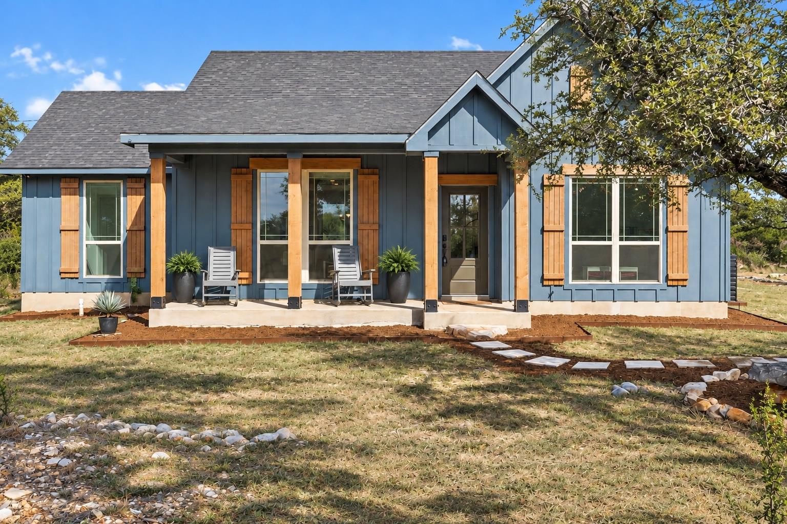 Natural wood accents and board-and-batten siding 