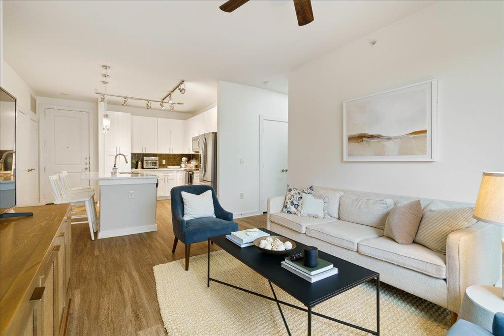 An open floorplan seamlessly connects the living 