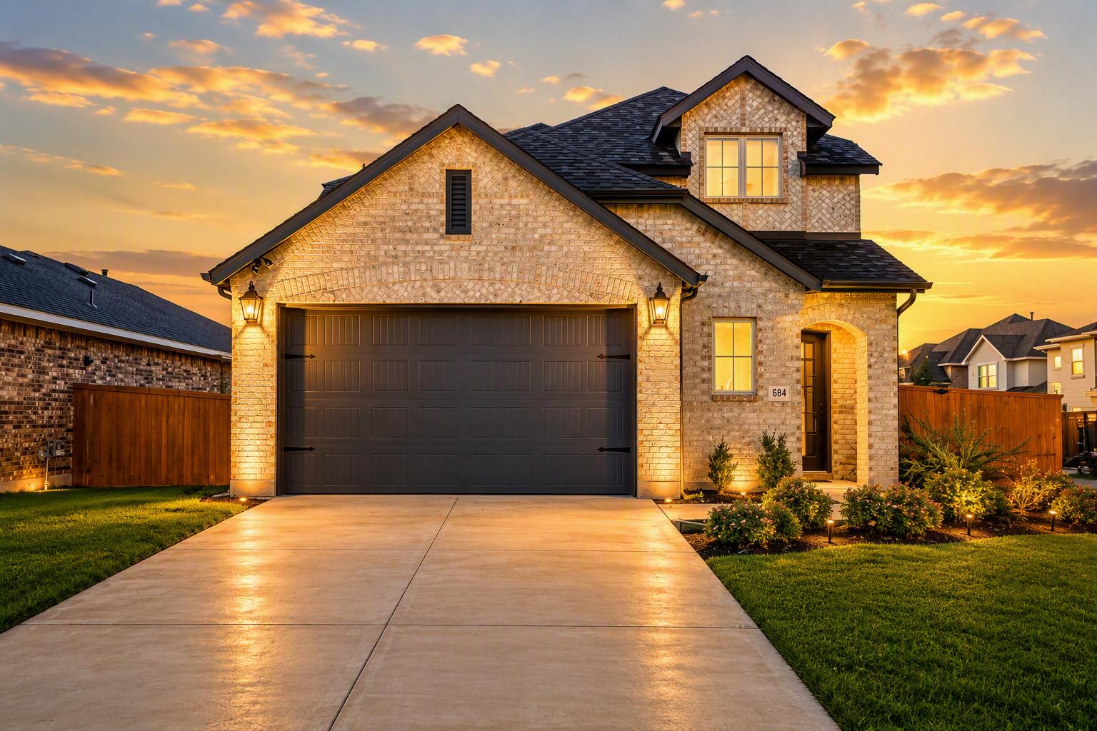 Warm exterior lights illuminate the classic brick