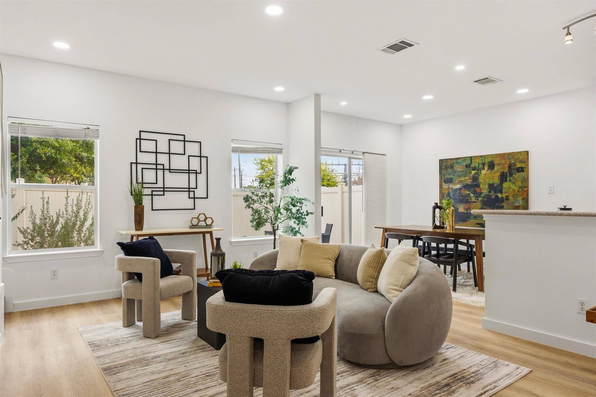 An open floorplan connects the comfortable living