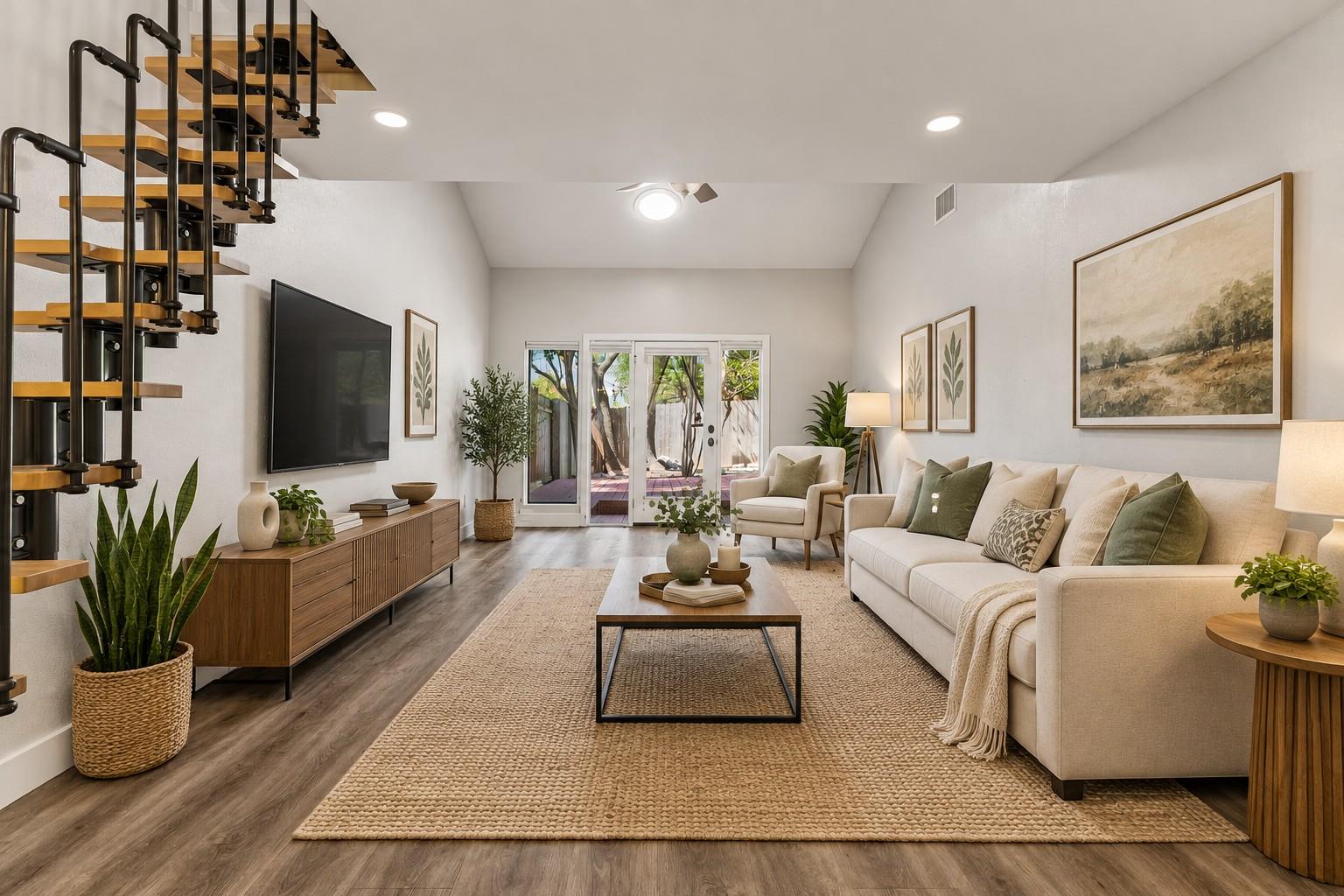 Gleaming wood floors and a floating staircase def
