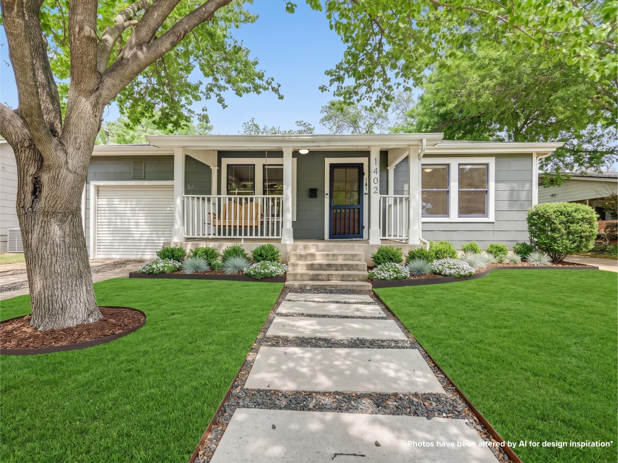 Mature trees shade a welcoming front porch and la