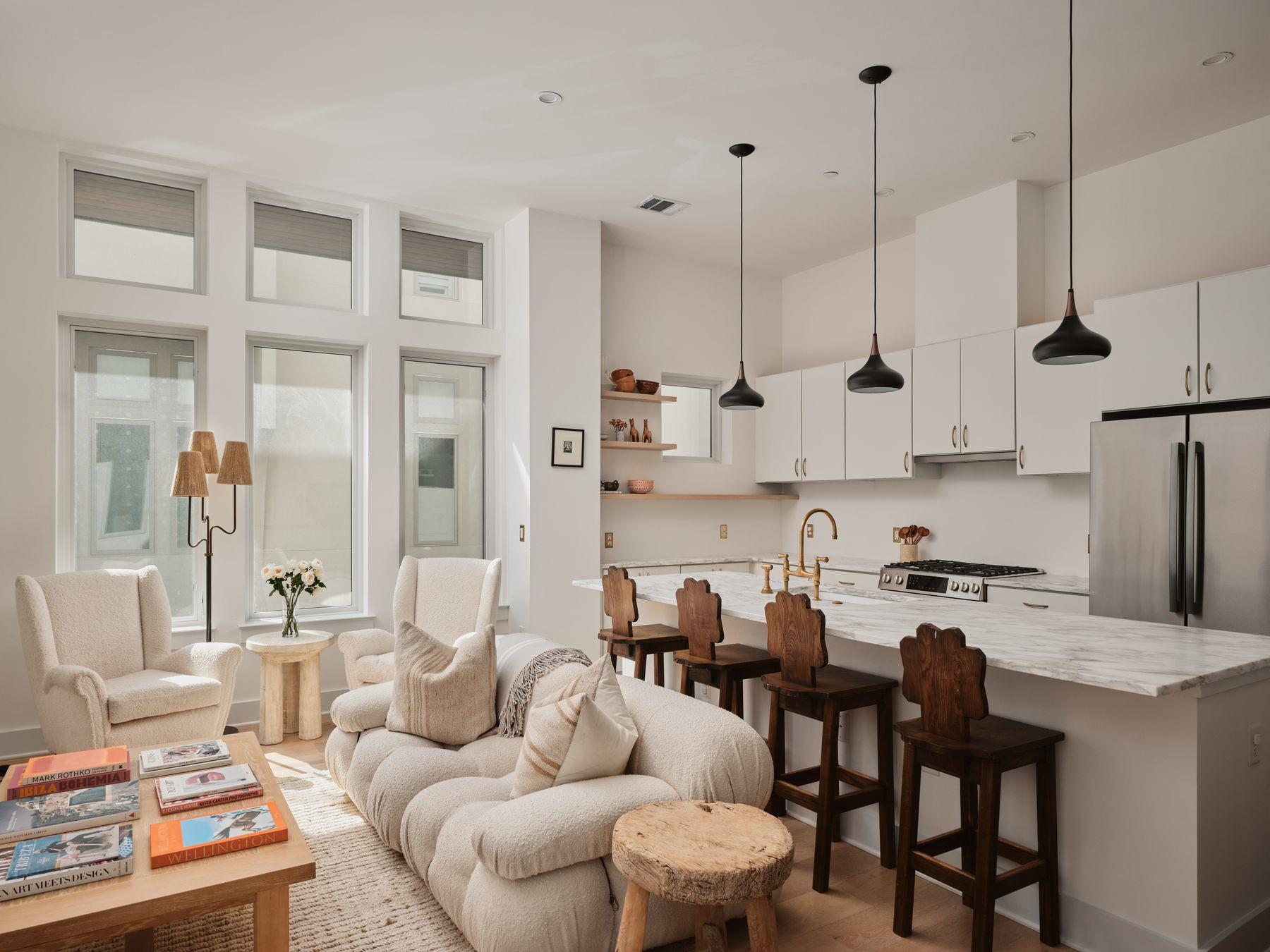 High ceilings and tall windows frame this modern 