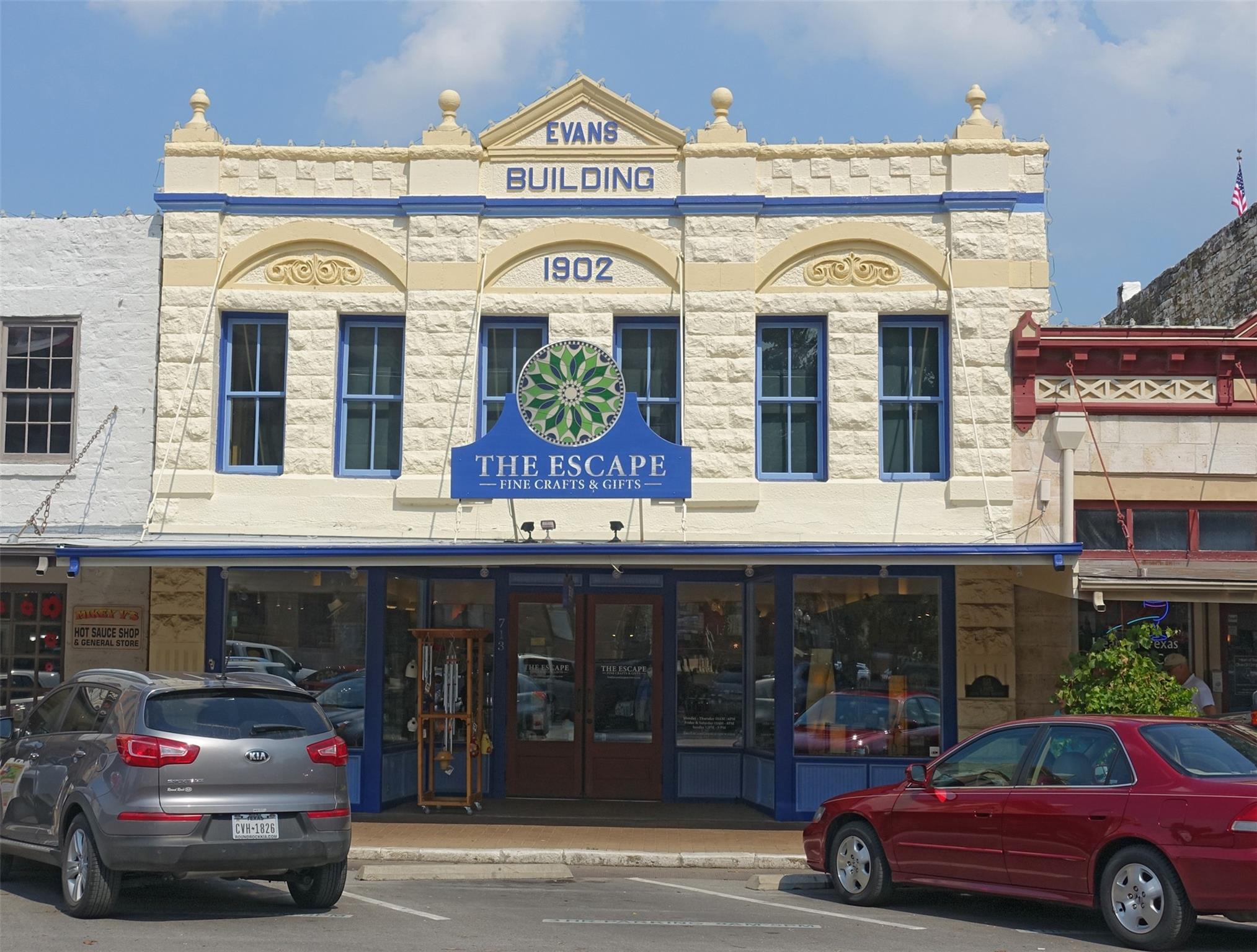 Historic stone craftsmanship defines this commerc