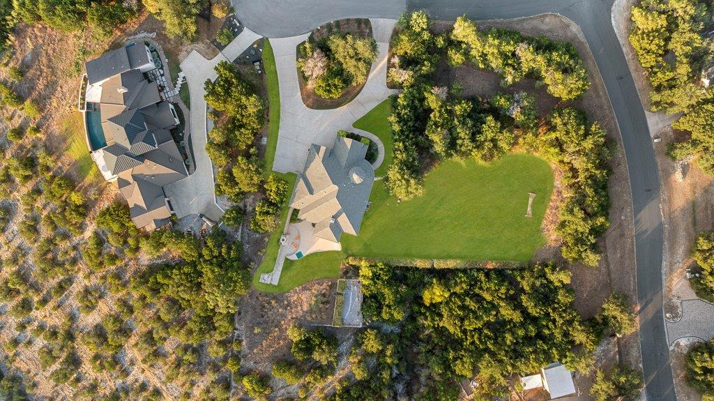 An aerial perspective captures the sweeping lawn 