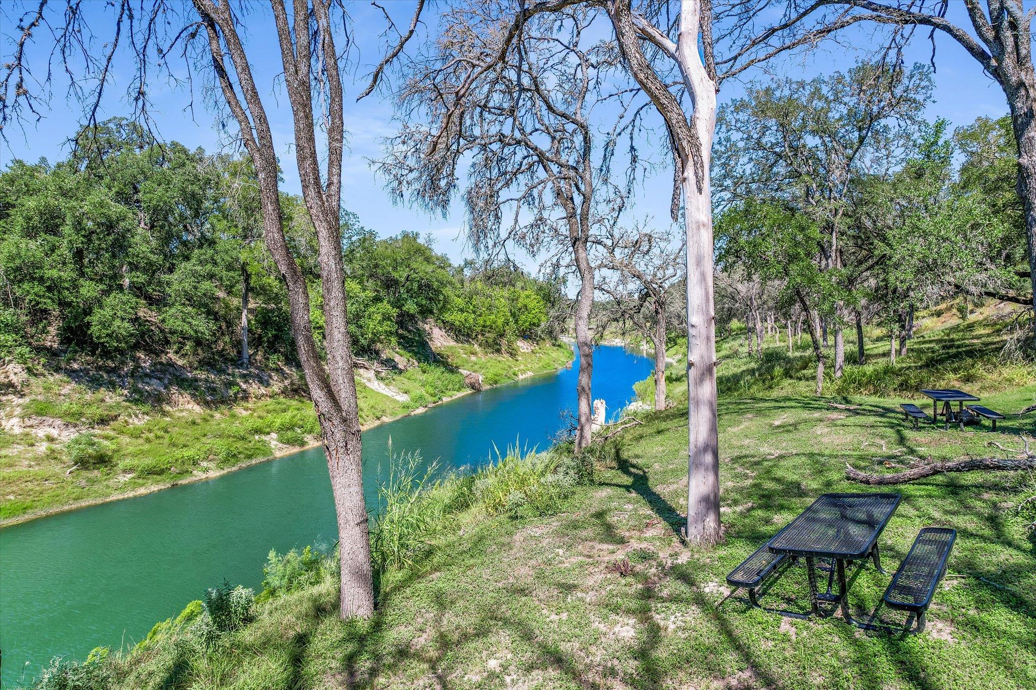 Mature trees frame a peaceful river winding past 