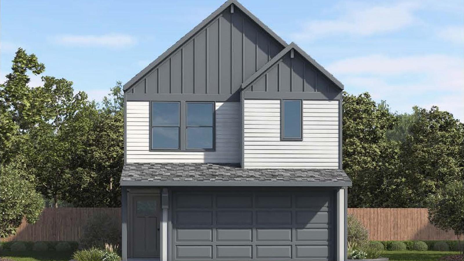 Two-story residence featuring a dark gray pitched