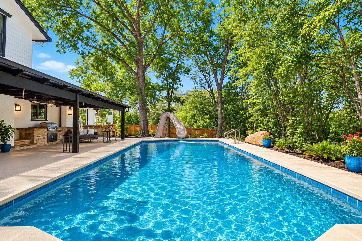 Mature trees frame a sparkling swimming pool alon