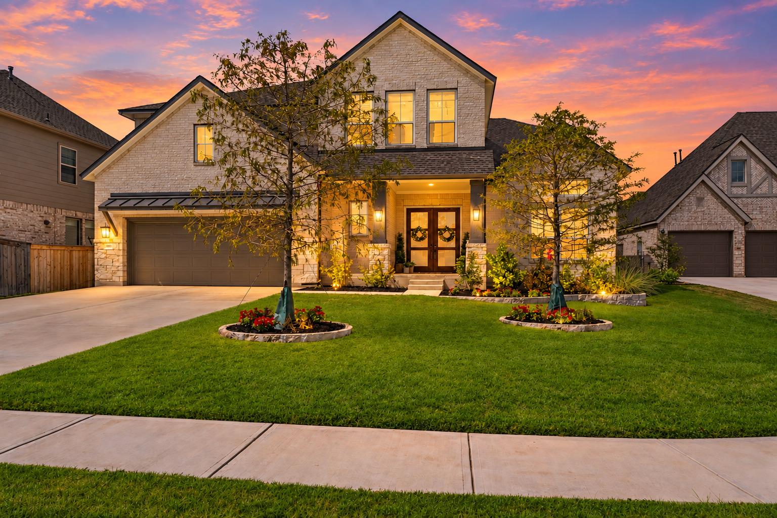 An elegant brick facade and manicured lawn create
