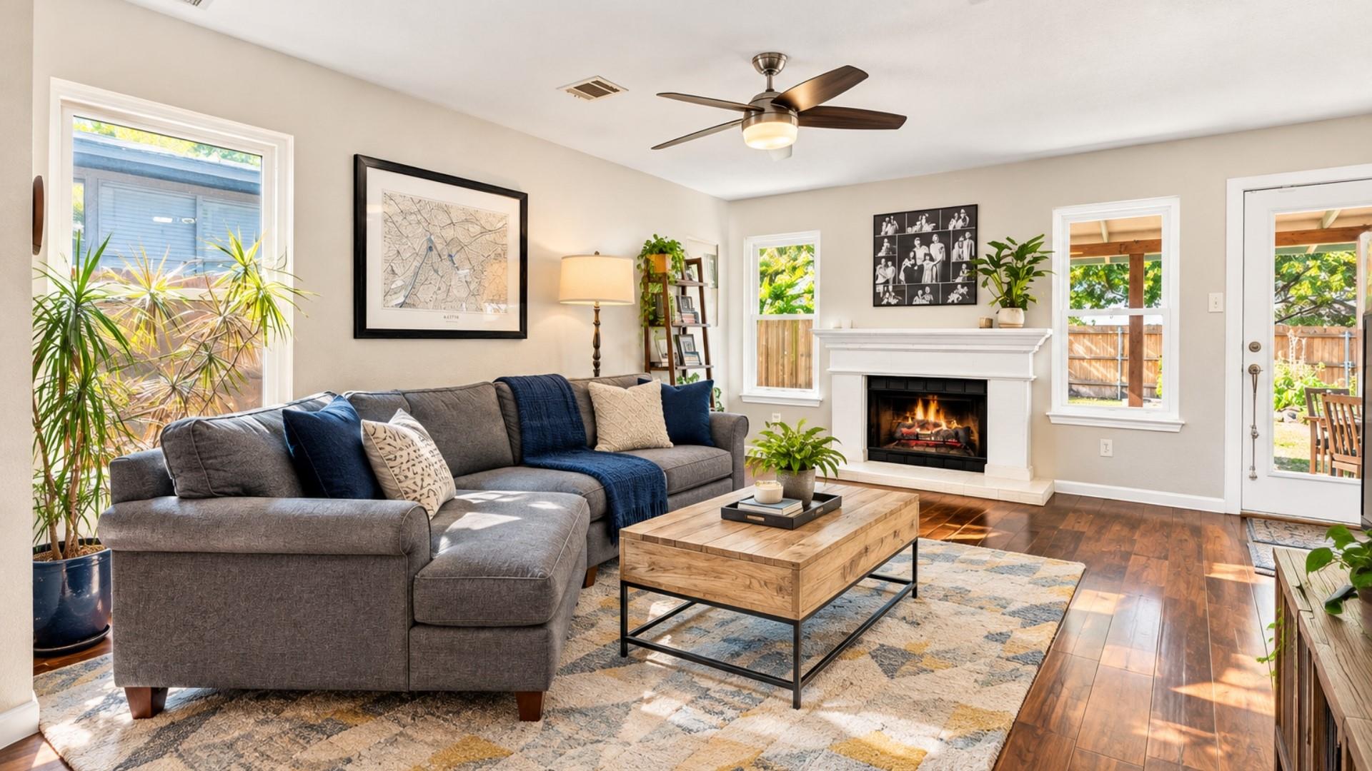 Gleaming hardwood floors and a classic fireplace 