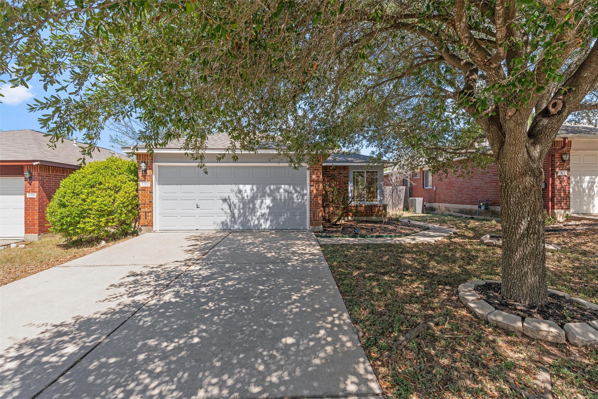 Mature shade trees frame a concrete driveway lead