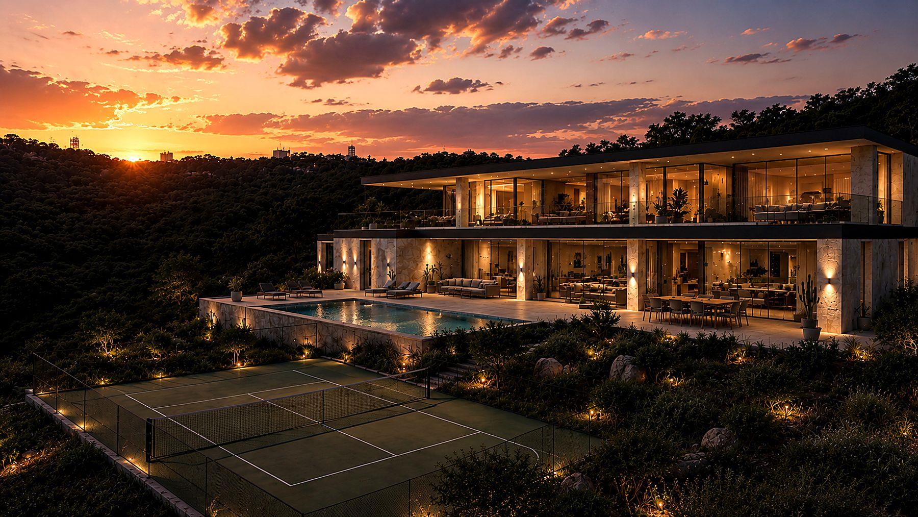 Dramatic sunset views frame this multi-level hill
