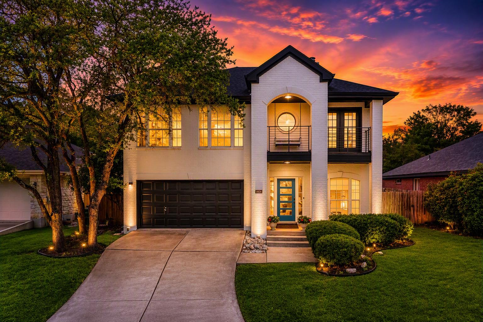 An elegant brick facade pairs with a paved drivew