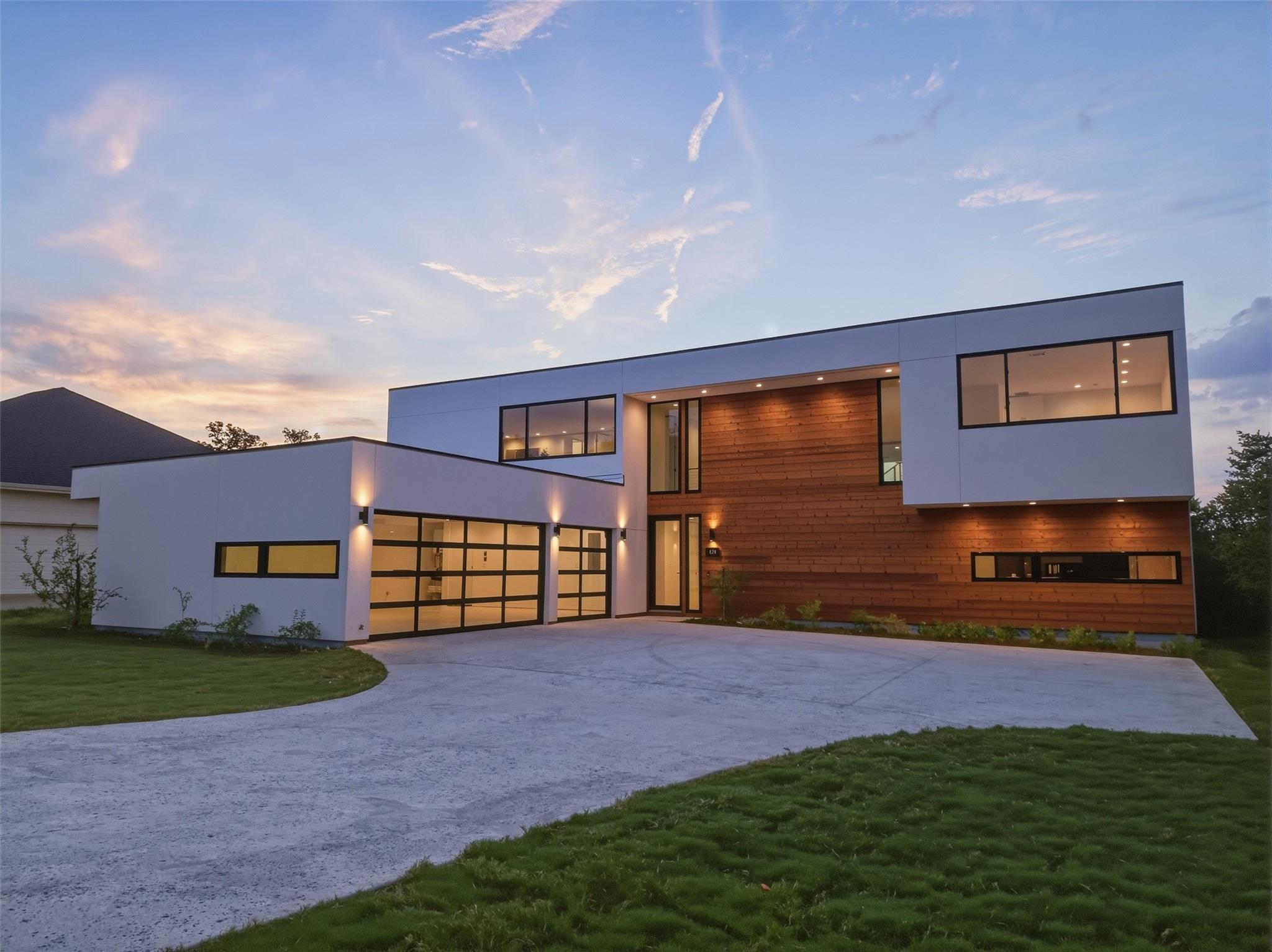 Clean lines and rich wood siding define the archi