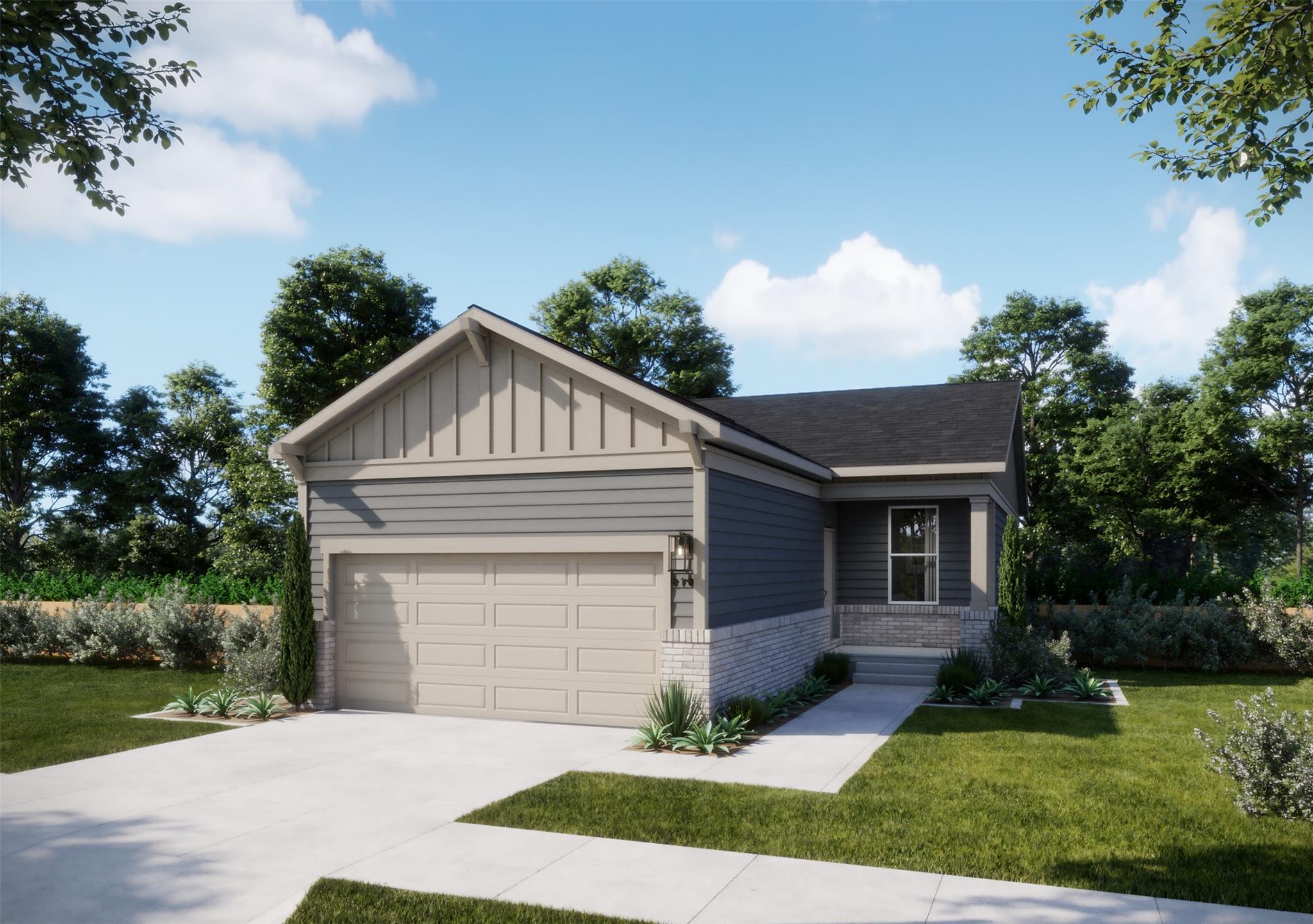 A concrete driveway leads to a modern home exteri
