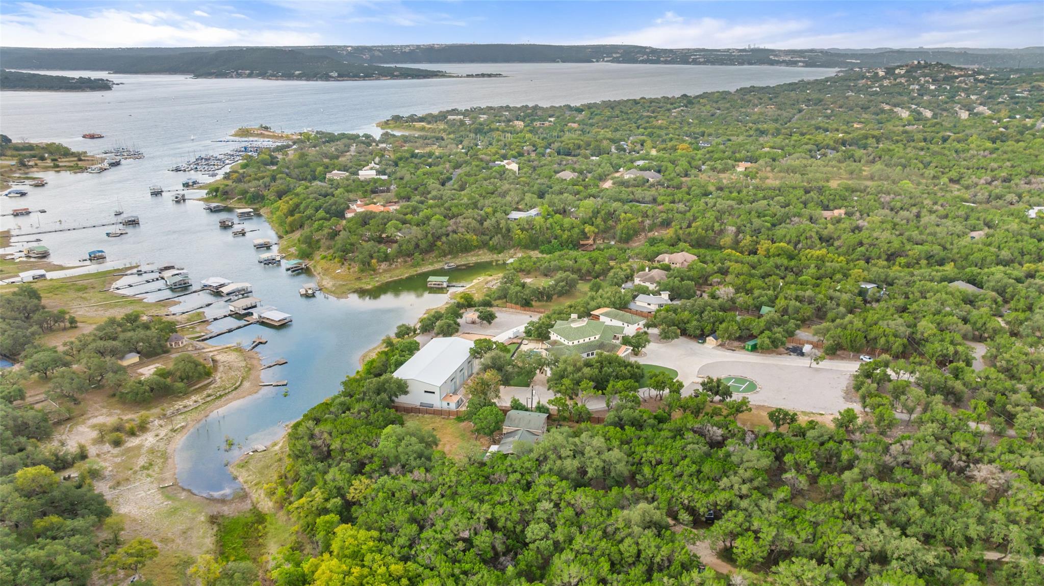 An aerial perspective showcases a secluded lakesi