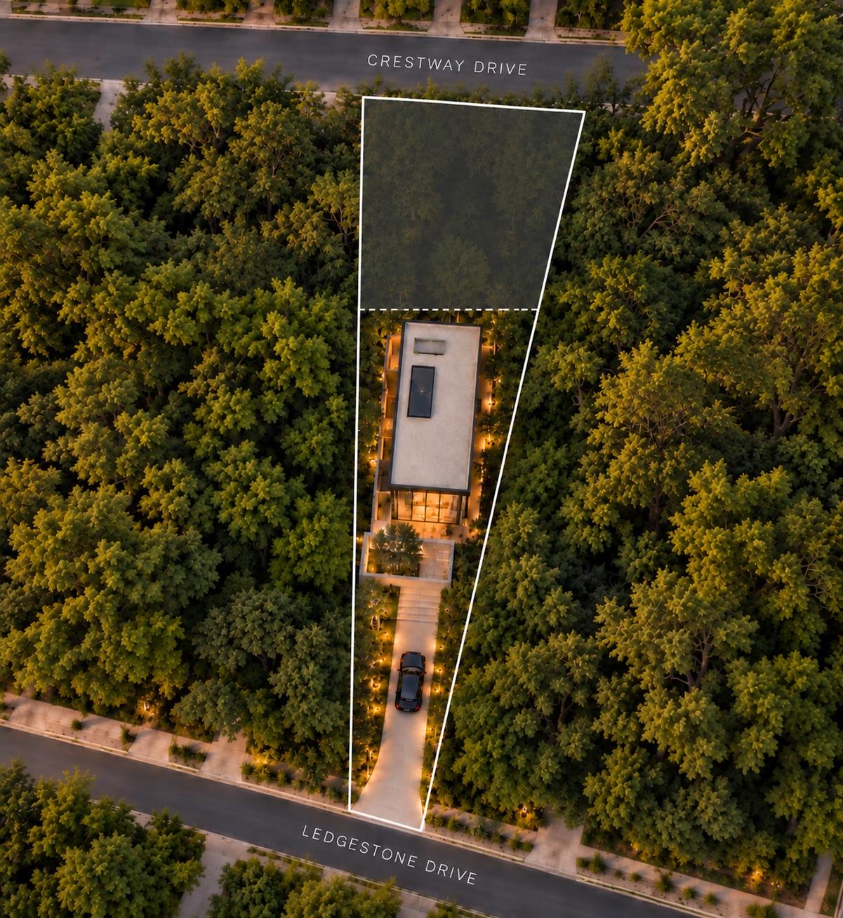 An aerial perspective showcases a modern structur