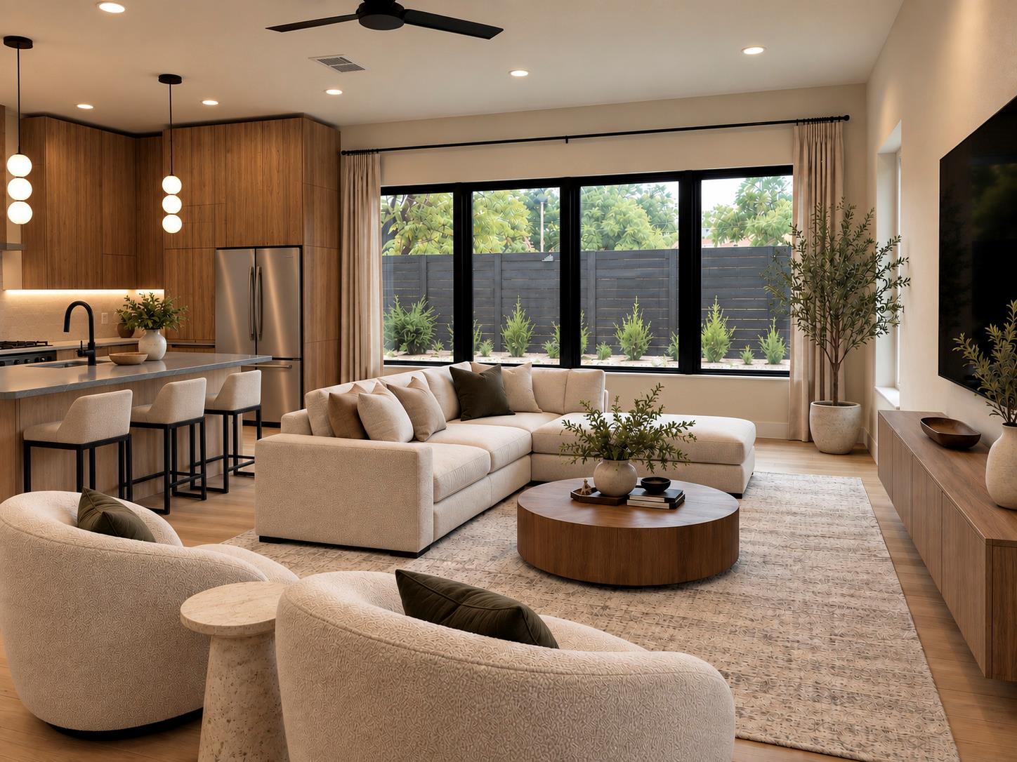 An open floor plan seamlessly connects a kitchen 
