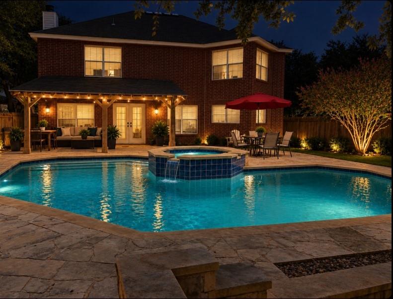 An inviting swimming pool and integrated spa high