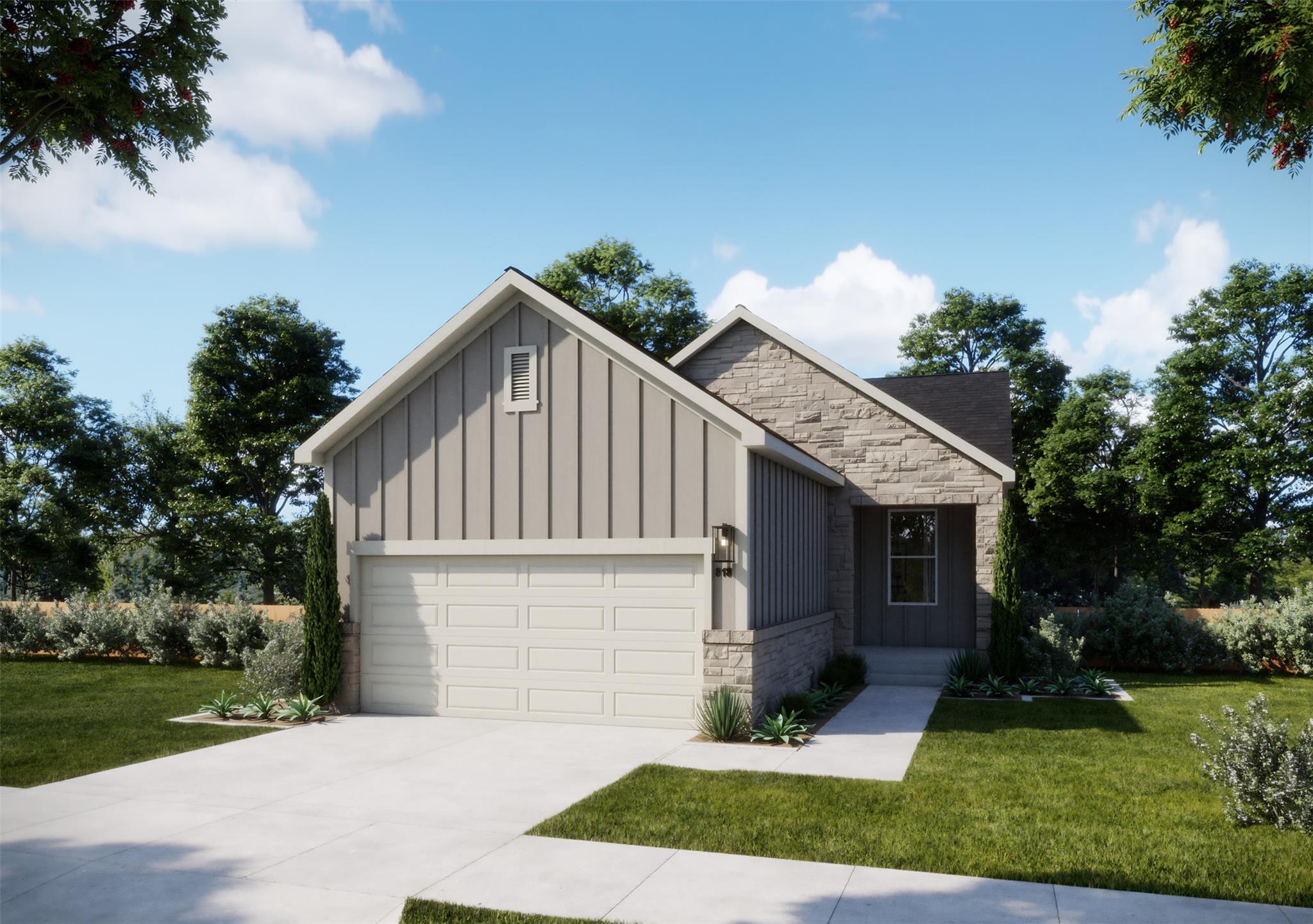 Board and batten siding pairs with textured stone