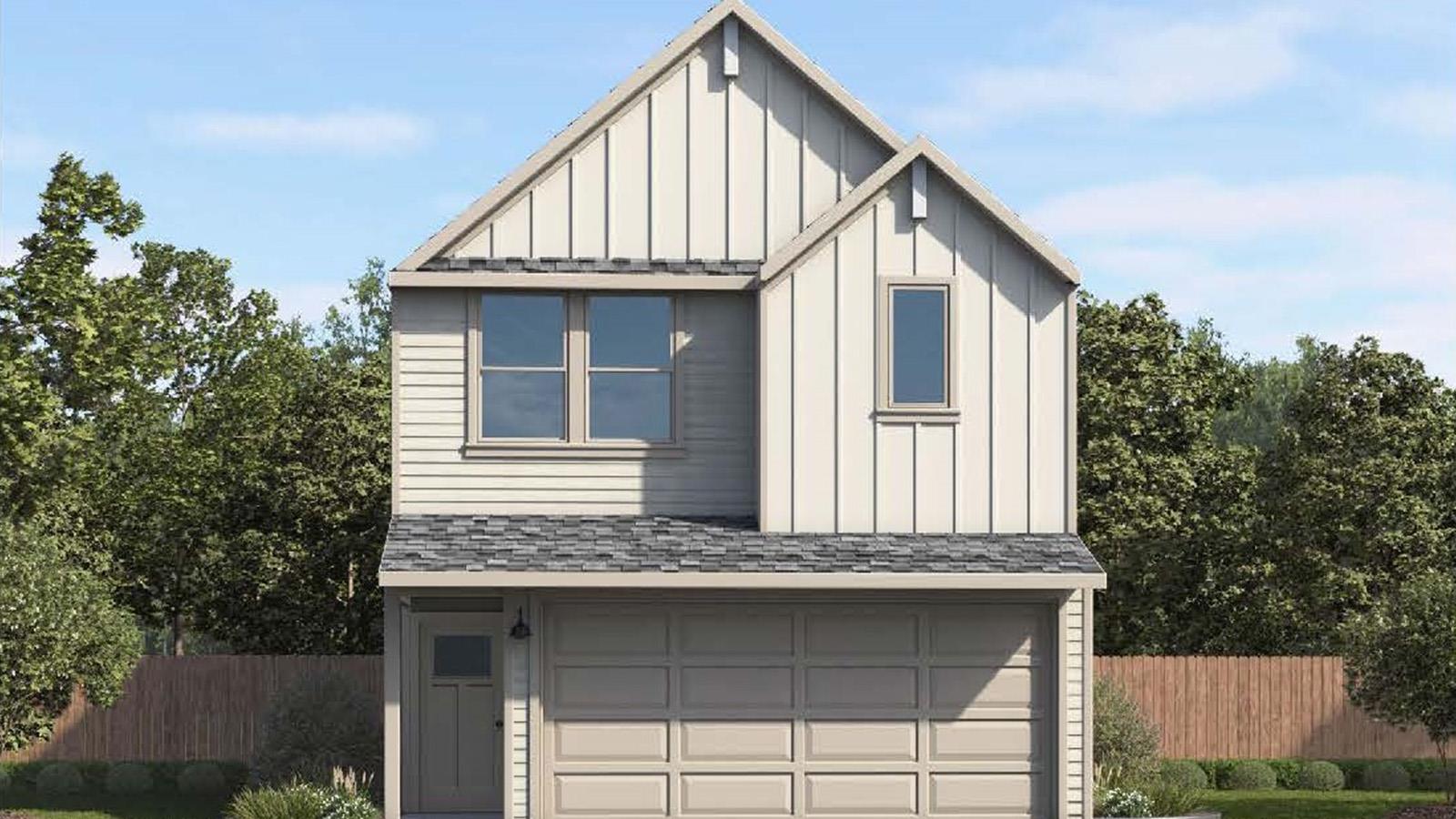 A modern facade with board and batten siding, fra
