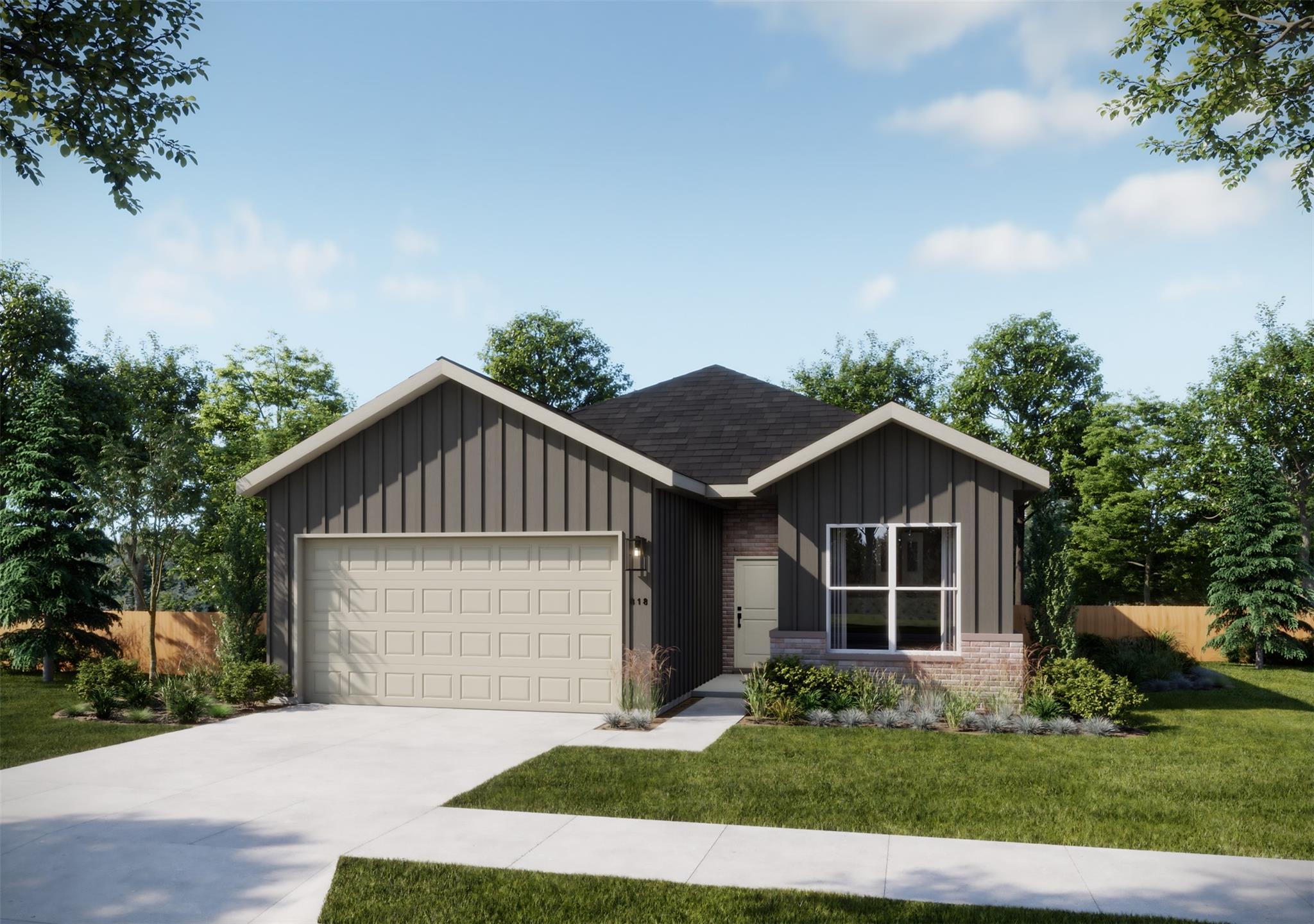 A modern exterior features contrasting vertical s