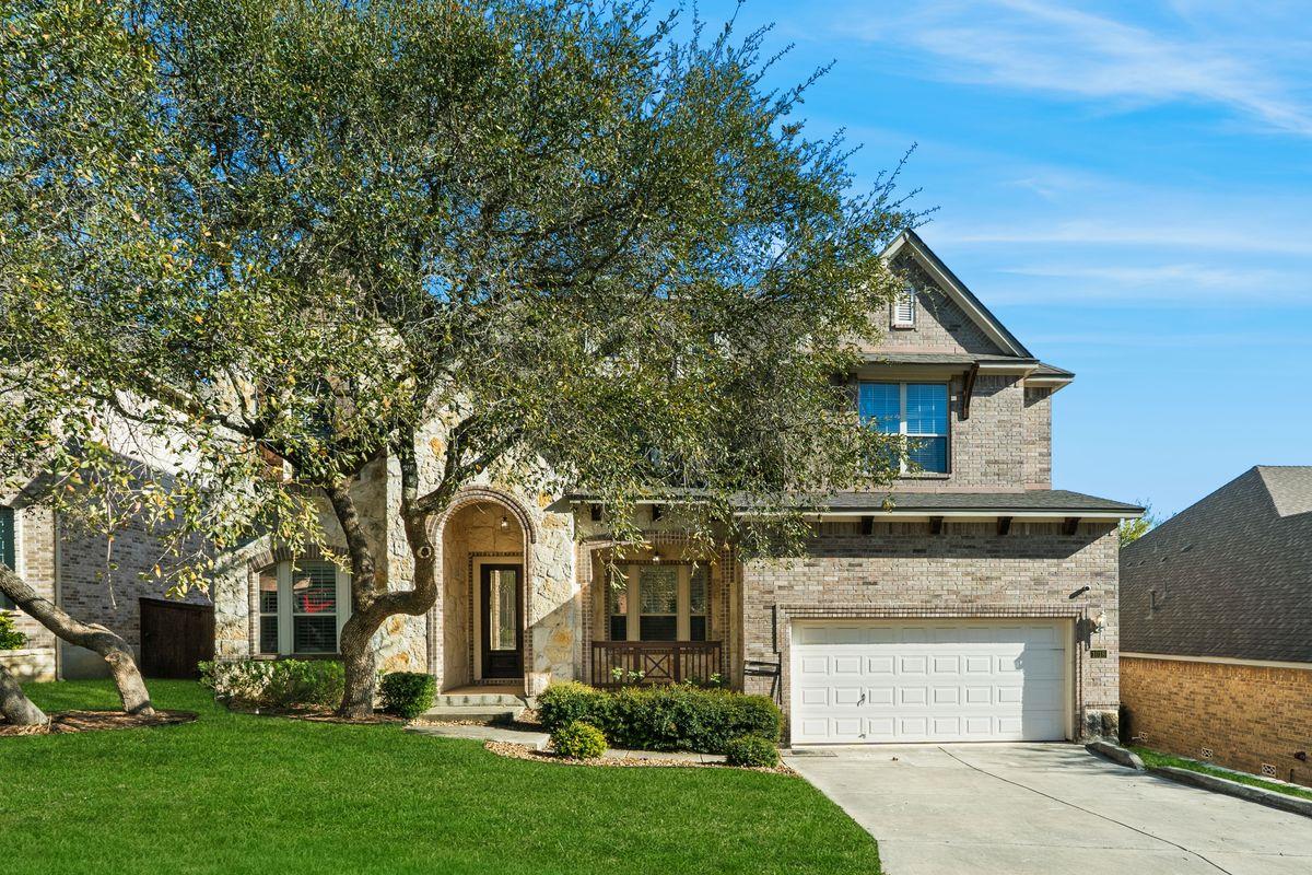 Stone and brick detailing highlights the exterior