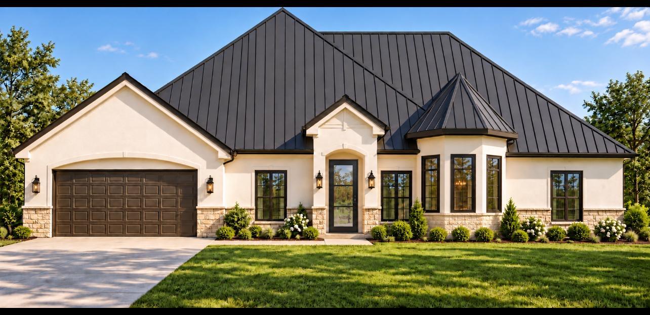 Striking dark metal roofing crowns this elegant s