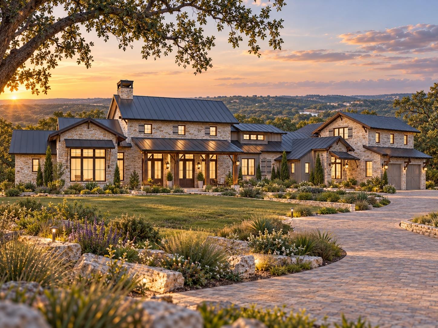 A winding paver driveway leads to this stone esta
