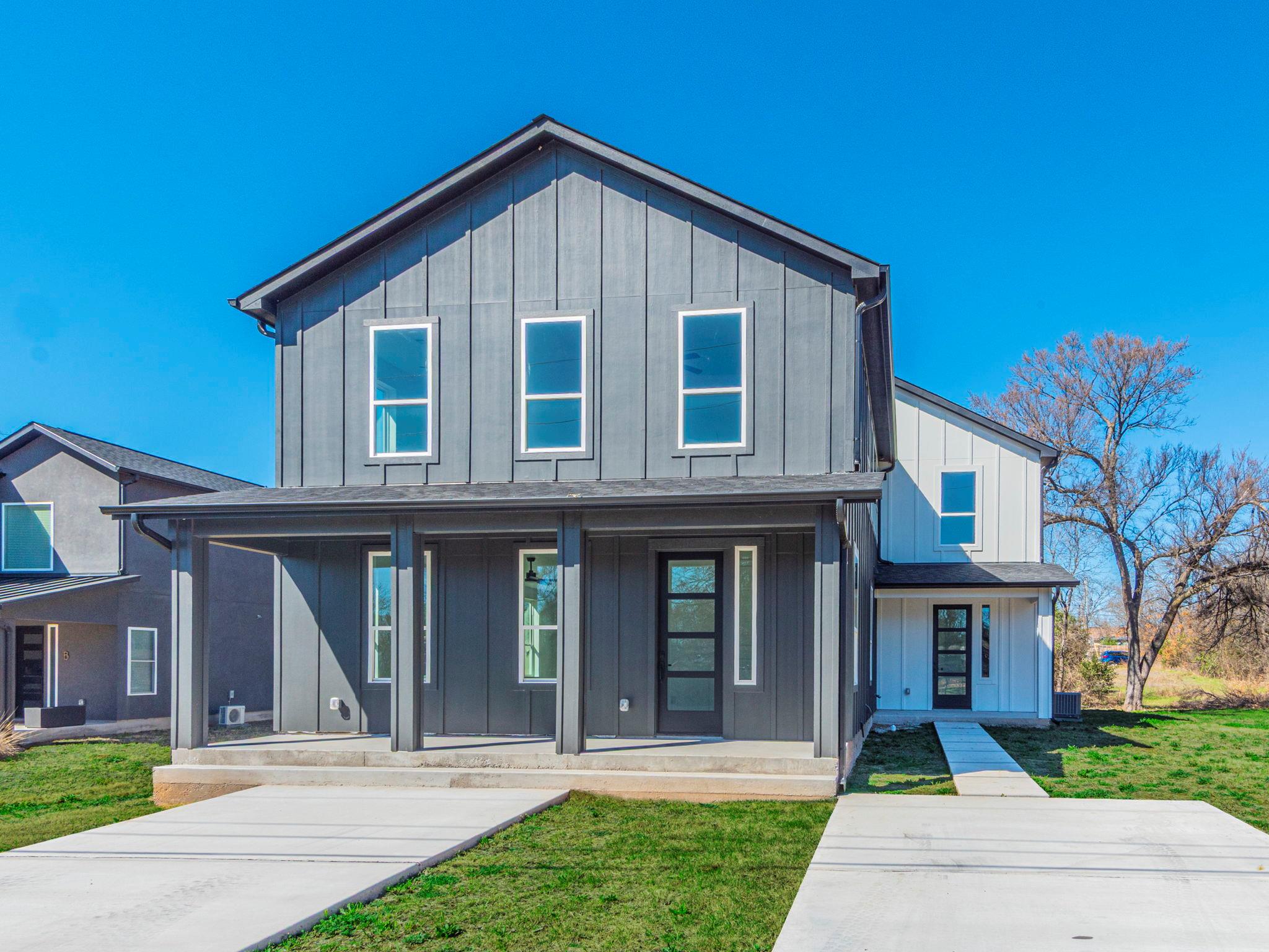 Board and batten siding creates an eye-catching m