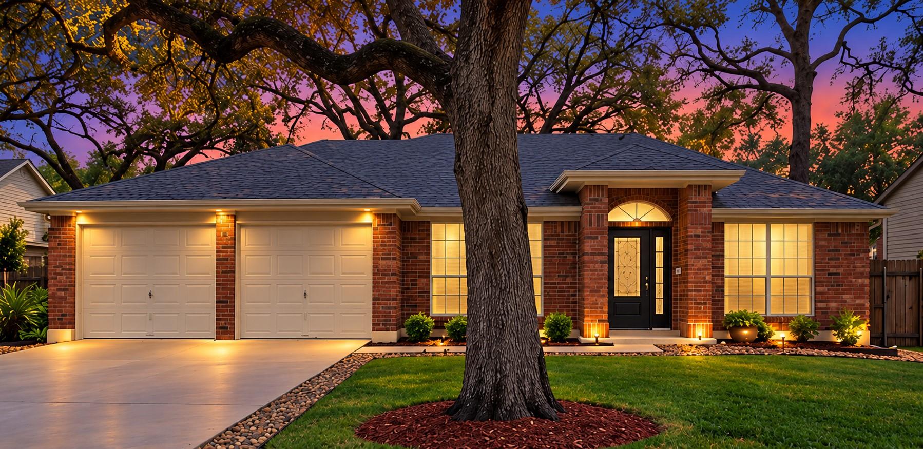 Mature oak trees frame a classic brick facade wit