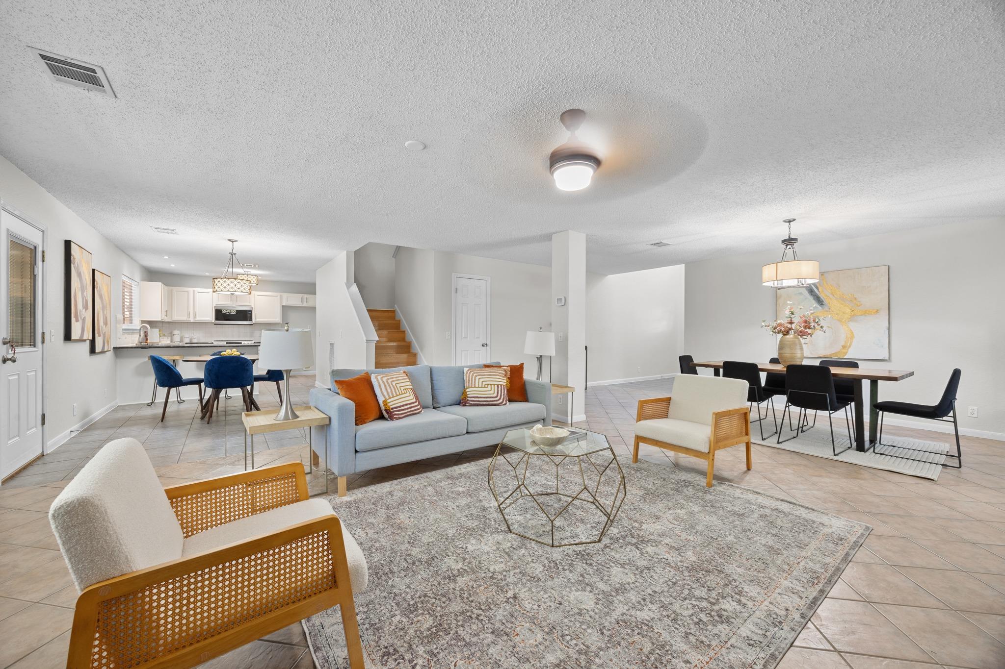 An open floorplan seamlessly connects the central