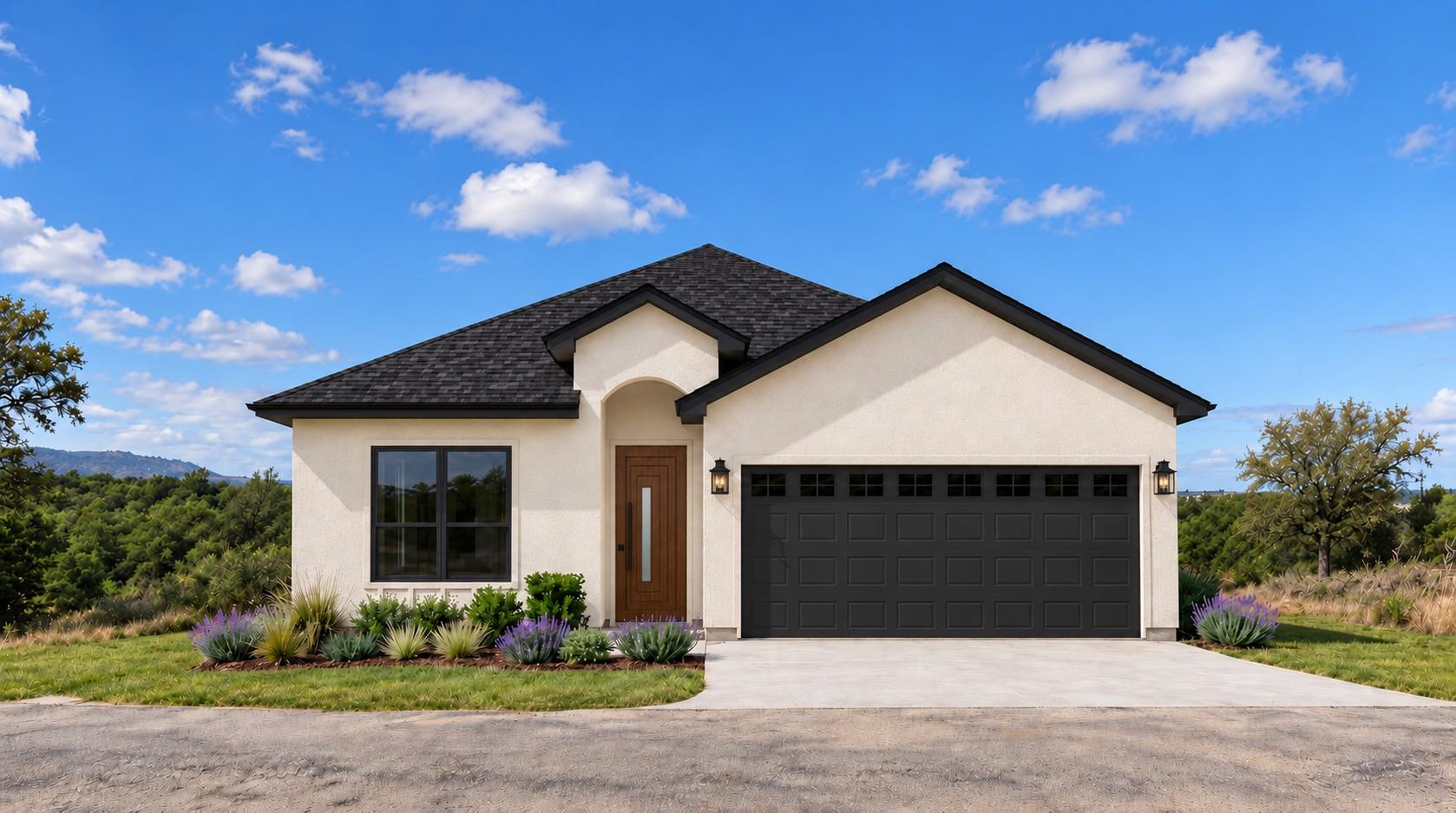 Crisp stucco and a dark shingled roof define this