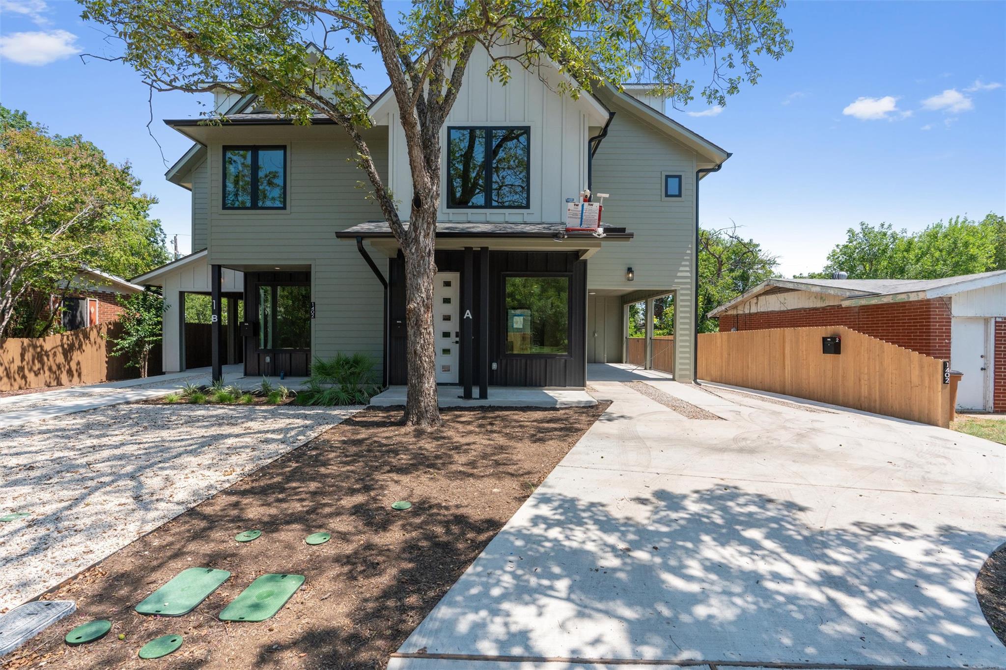 Crisp vertical and horizontal siding defines this