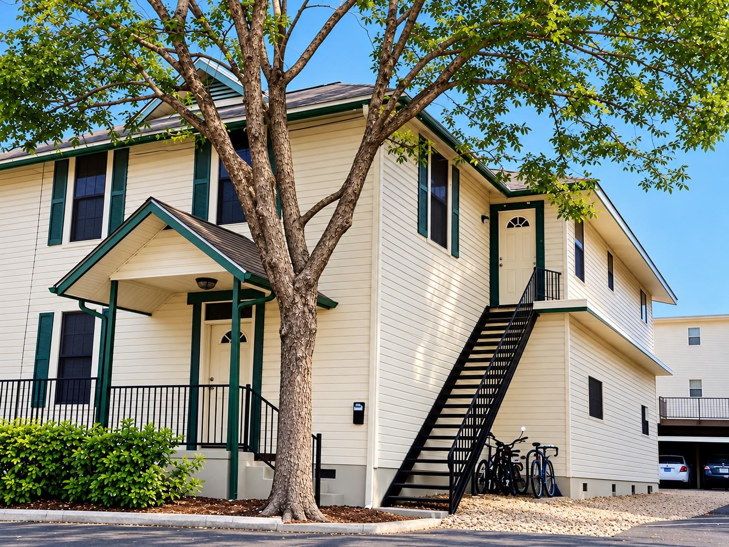 Mature trees shade a classic multi-level residenc