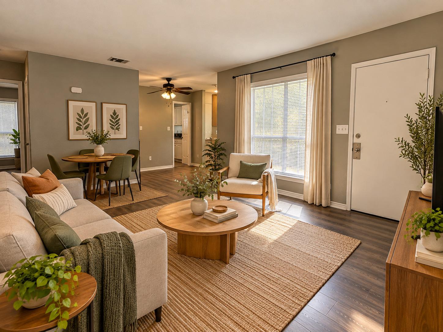 Warm wood-look flooring and generous natural ligh