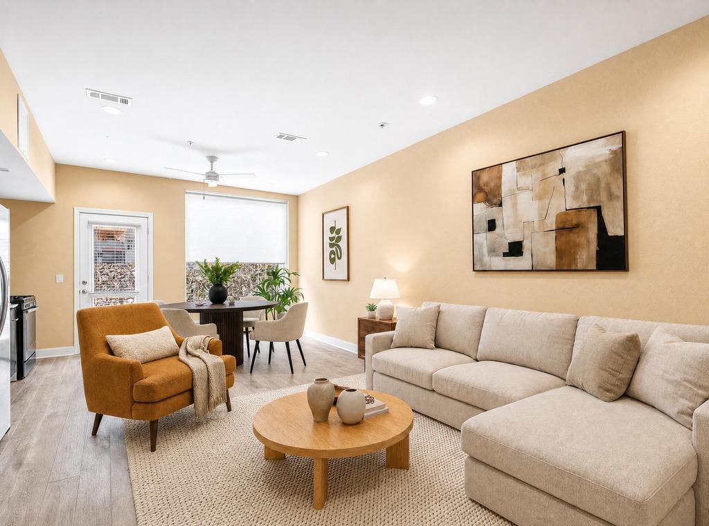 Smooth wood flooring and integrated recessed ligh