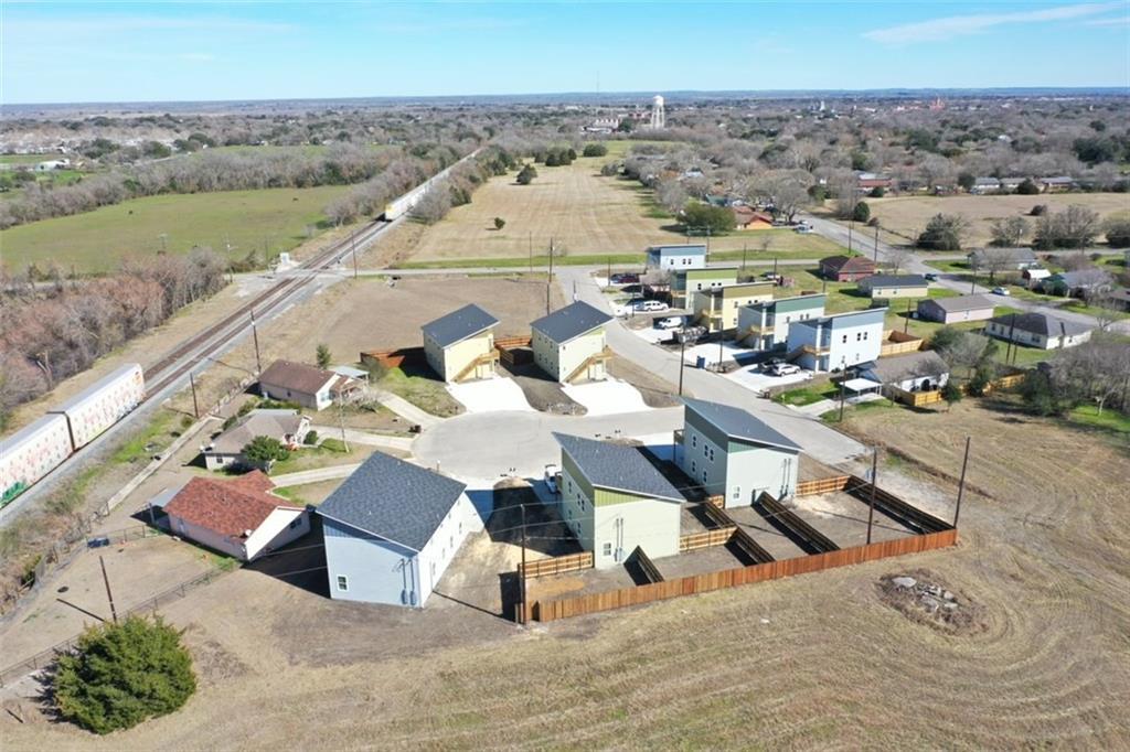 An aerial perspective showcases contemporary resi