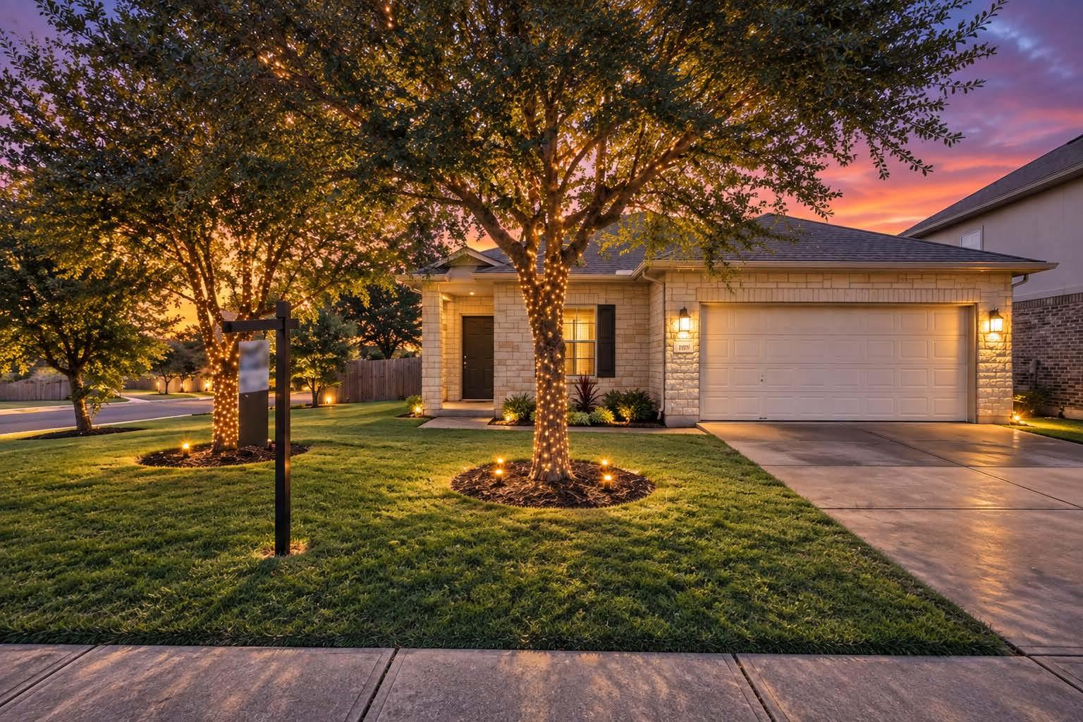A stone veneer facade and illuminated trees creat