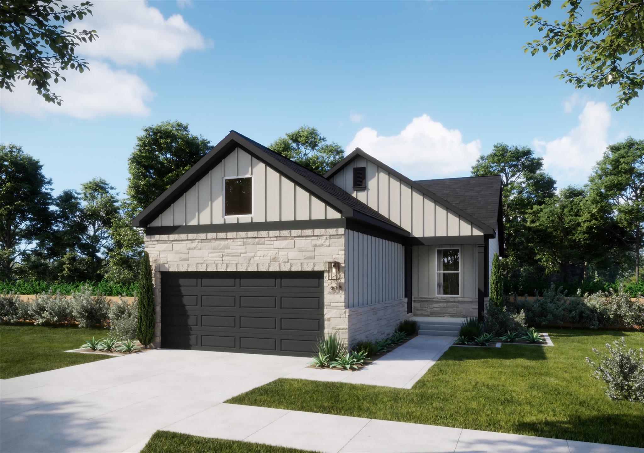 Modern stone and vertical siding accents define t