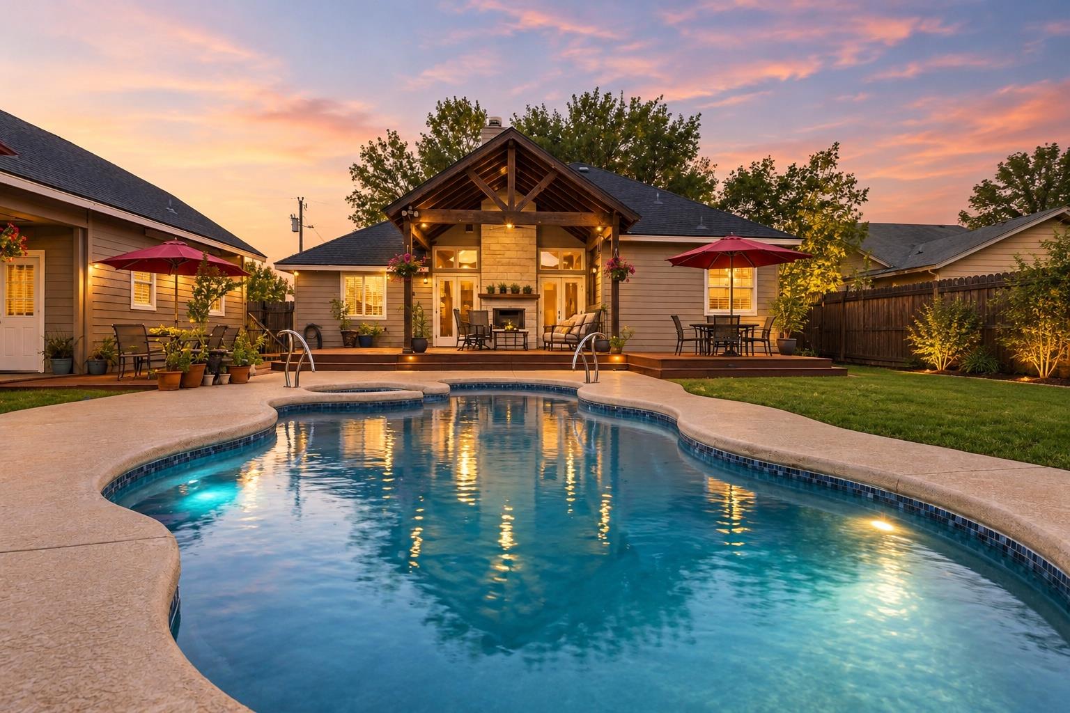 An inviting backyard oasis features a shimmering 