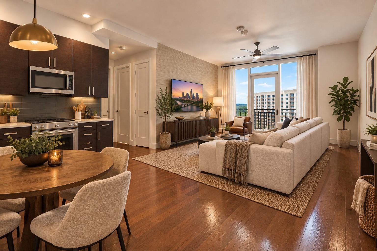 Warm hardwood floors complement the seamless conn