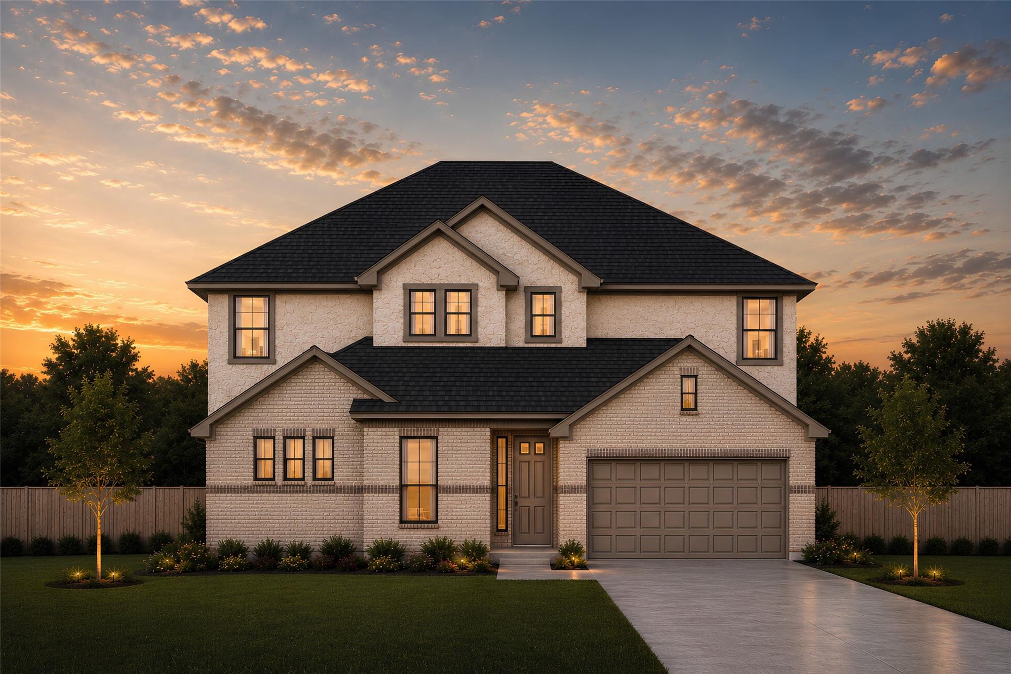 A classic brick exterior and multi-gabled rooflin