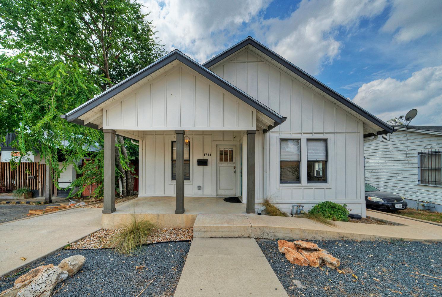 Board and batten siding creates an inviting first